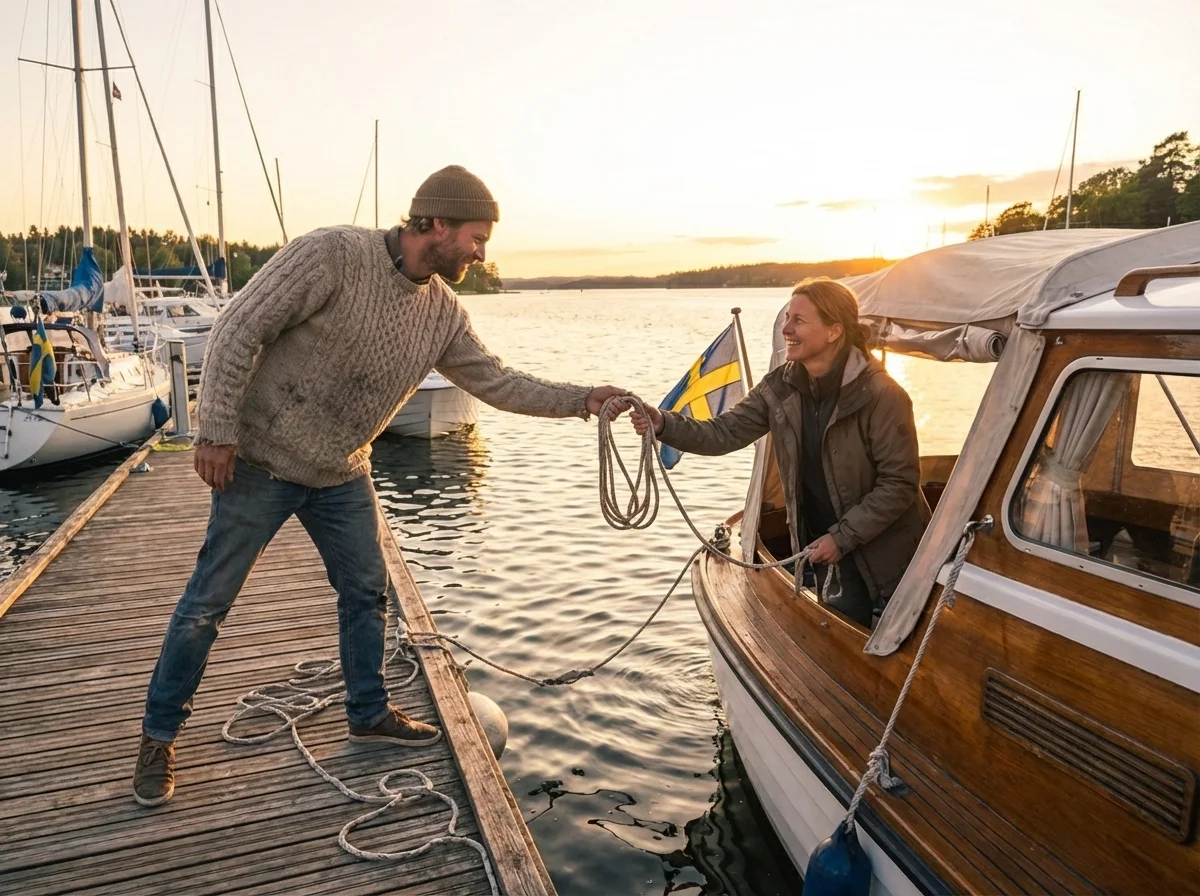 Två klubbmedlemmar hjälps åt med förtöjningen vid solnedgången